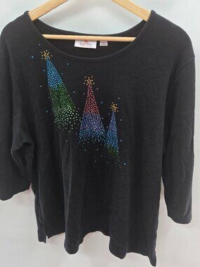 Quacker Factory Black Beaded Christmas Trees 100% Cotton 3/4th Sleeved Top 1x